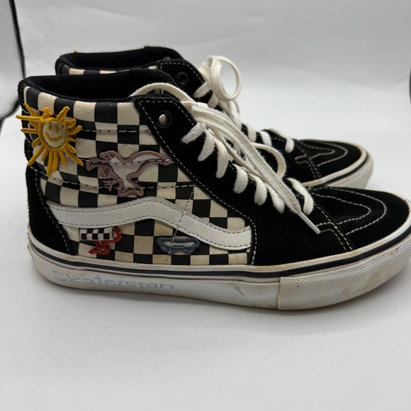 Vans SK8 Hi Pro Skate Shoes Black White Checkerboard Sun Dragon Patches Mens 8.5 - Picture 4 of 12